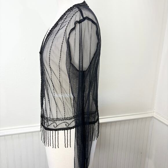 Beaded Fringe Mesh Cardigan Sheer Boho Whimsigoth Goth Witchy Party Cocktail - Picture 13 of 14